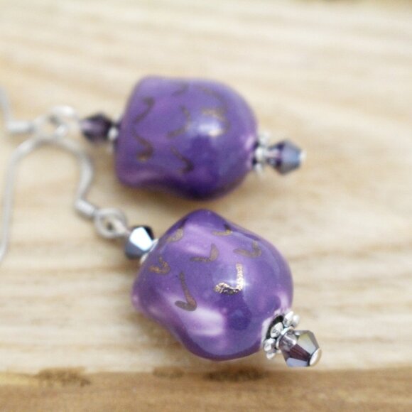Purple Hand Painted Porcelain Owl Earrings - Handmade & Hypoallergenic - Picture 6 of 6
